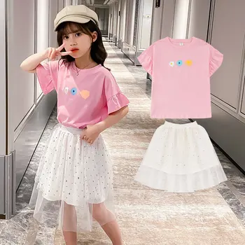 

2020 Summer Kids Girls Clothing Set Flower Pattern T shirt + Sequined Mesh Skirt Baby Girls Suits Set Fashion Child Girl Clothes