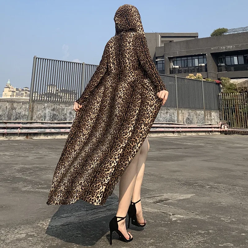 Hugcitar leopard print long sleeve hooded trench coats autumn winter women streetwear windbreak outfits