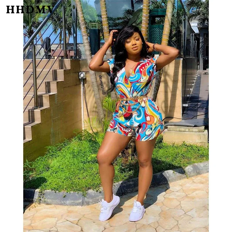 HHDMV OX8051 Fashion Women Summer Colorful Print Short Sleeve Playsuit Sexy Club Short Pant Rompers V-neck Jumpsuit