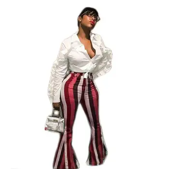

Casual Wide Leg Pants Women Stripe Pleated Palazzo Pants Long Flare Trousers