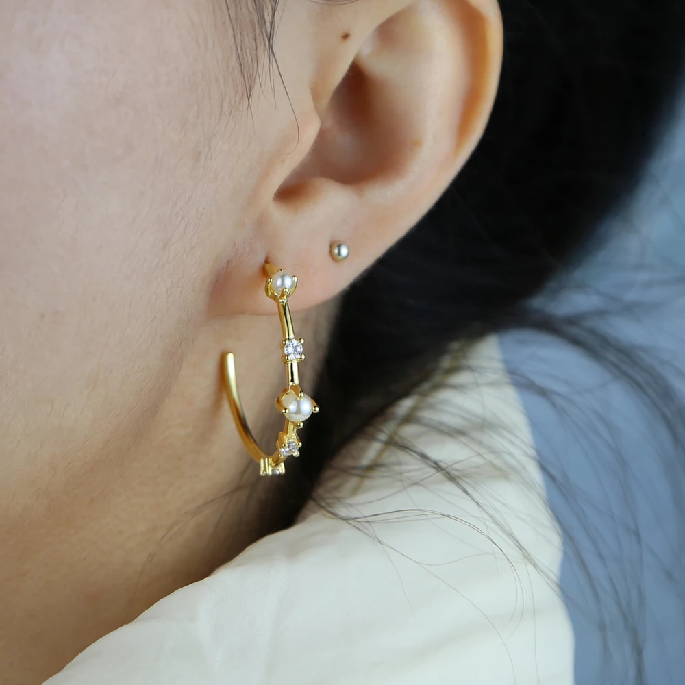 gold color white cz fresh pearl beaded Round circle hoop earring for women classic simple jewelry