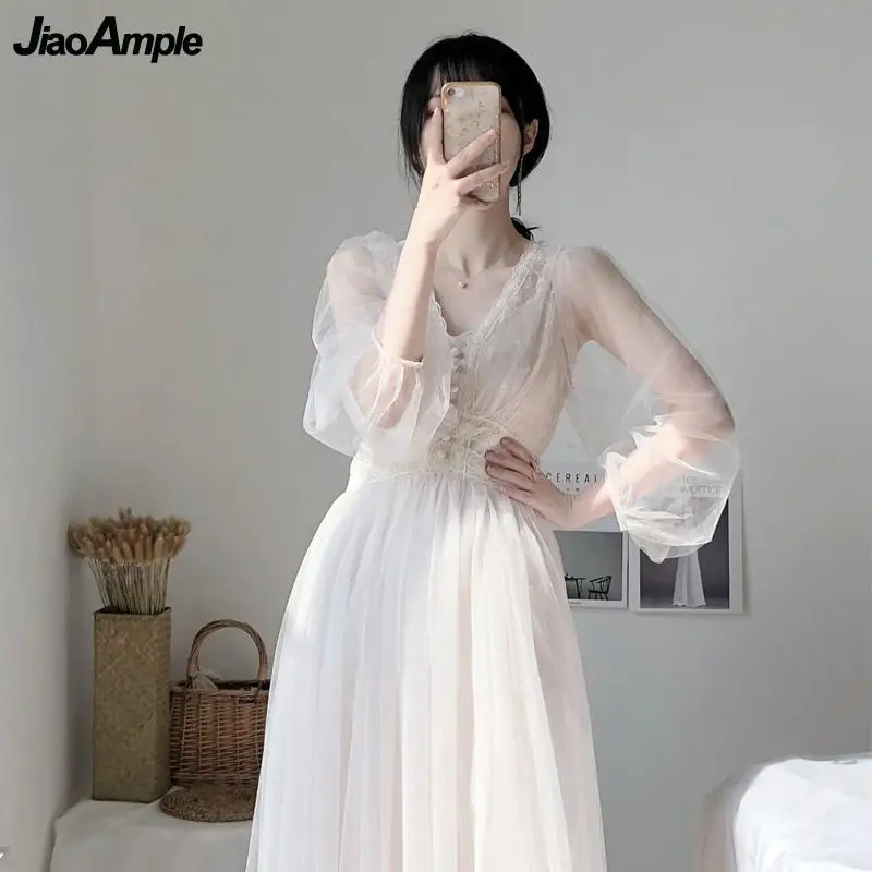 2025 New Girls Sweet Mesh White Dress Women Fashion Elegant