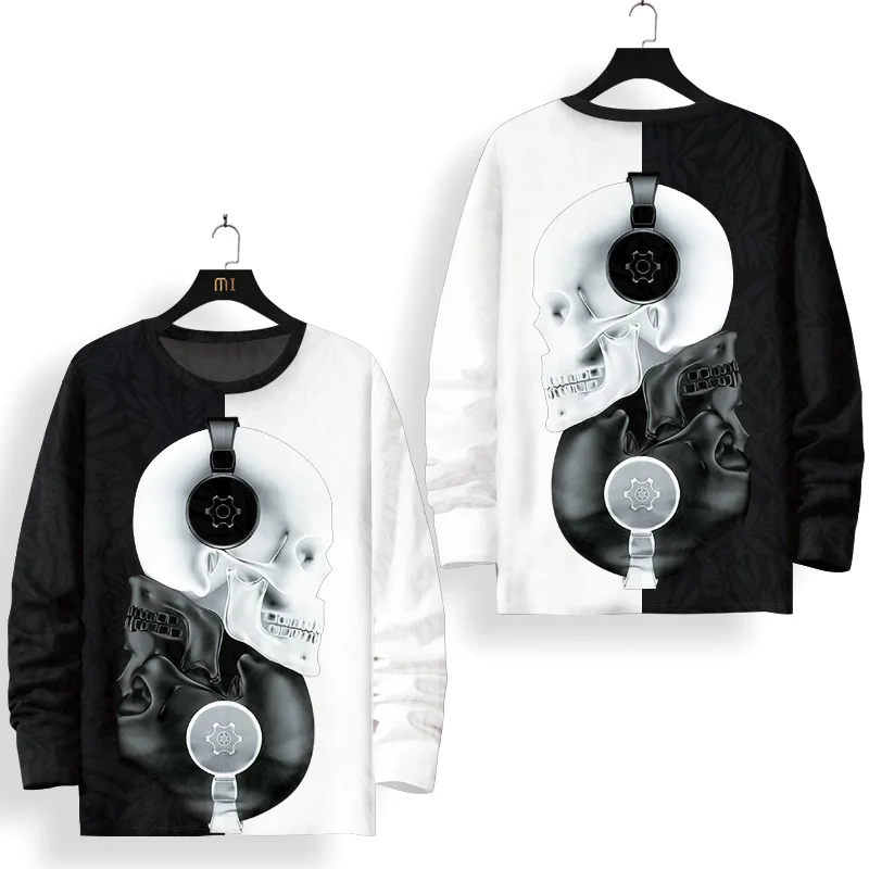 

Trendy Brand Color Matching Long-Sleeved T - Shirt Men's Skull Print Sweater Round Neck Plus Size Shirt Spring And Autumn Casual