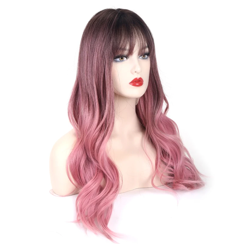 VDFD Pink Wig with Bangs Cosplay Heat Friendly Synthetic Wig Natural Ombre Rose Gold Long Wavy Heat Fake Hair for Women Daily jean charles brosseau ombre rose eau de cologne 100 мл