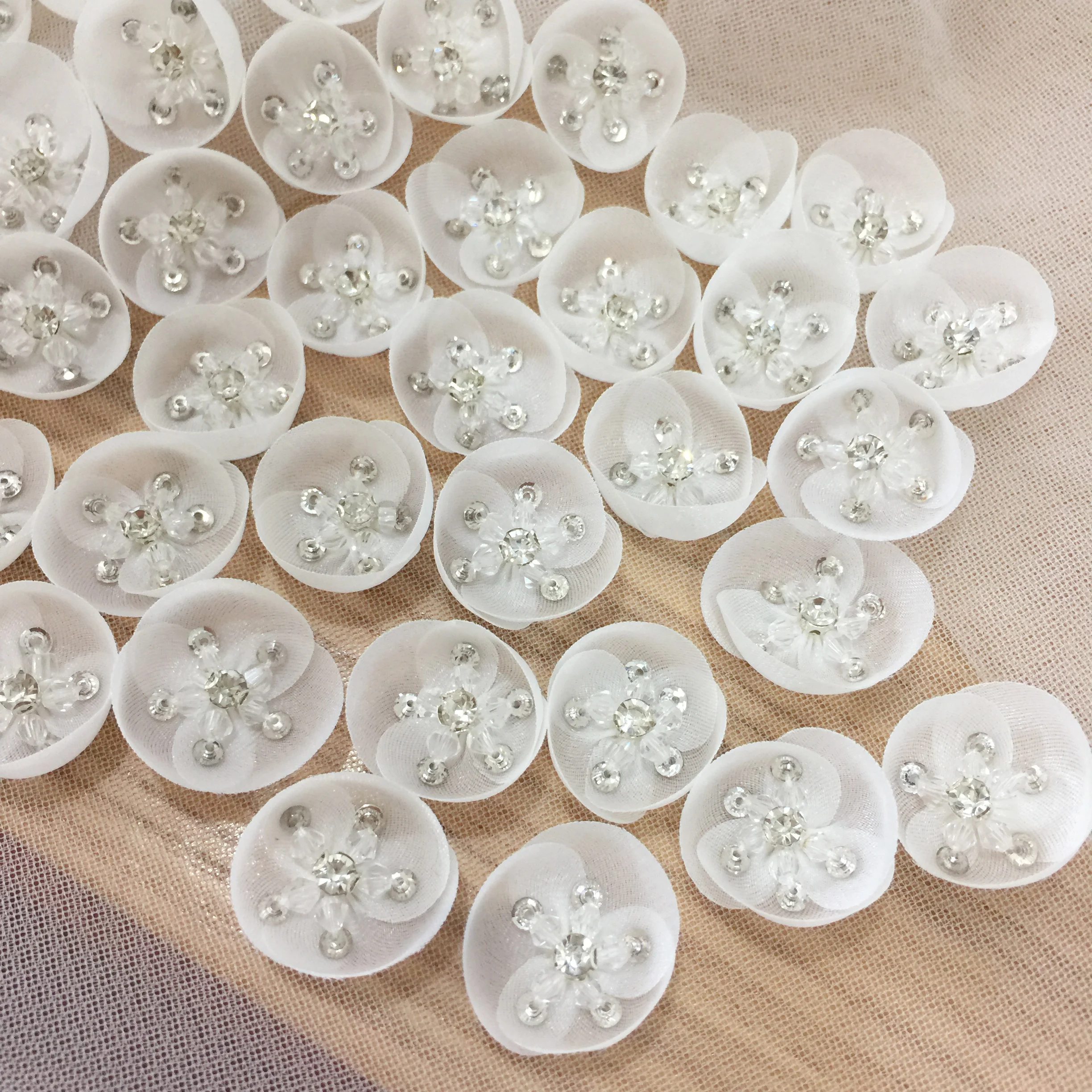 

20 pieces 3D hand made rhinestone beaded lace blossom patch motif , bridal veil wedding hair headpiece flower 1.8cm diameter