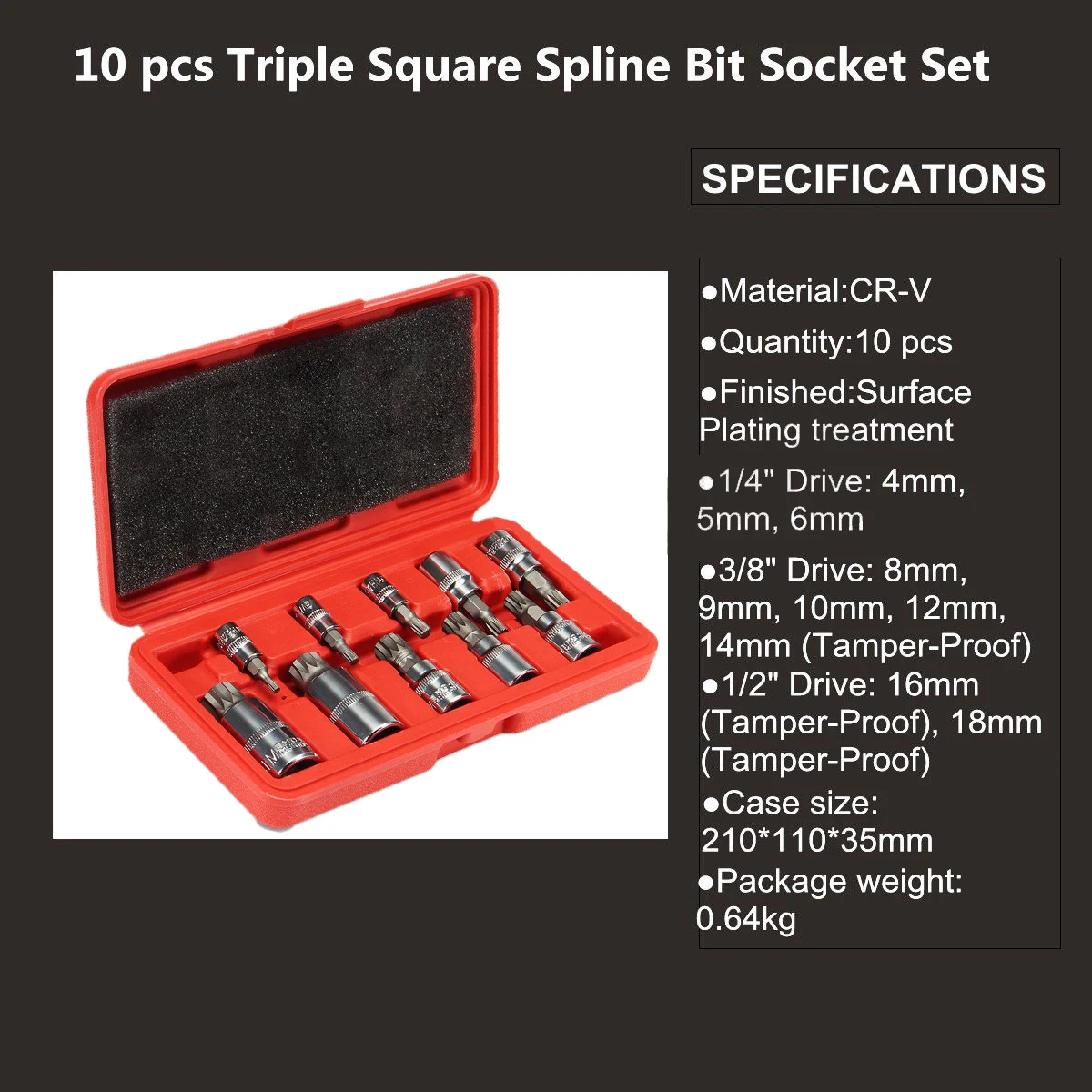 

10x XZN 12 Point MM Triple Square Spline Bit Socket Tamper Proof W/ Metal Case