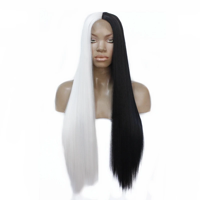 Silky Straight Hair Synthetic Lace Front Wig Half White Black Heat Resistant Cosplay Celebrity Girl Party Wigs | Шиньоны и парики