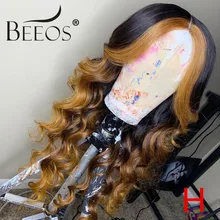 Beeos, 13*6, 180%, глубокая часть, на кружеве, человеческие волосы, парик, объемная волна, черный, Омбре, медовый блонд, отбеленные узлы, перуанский цвет, волосы remy