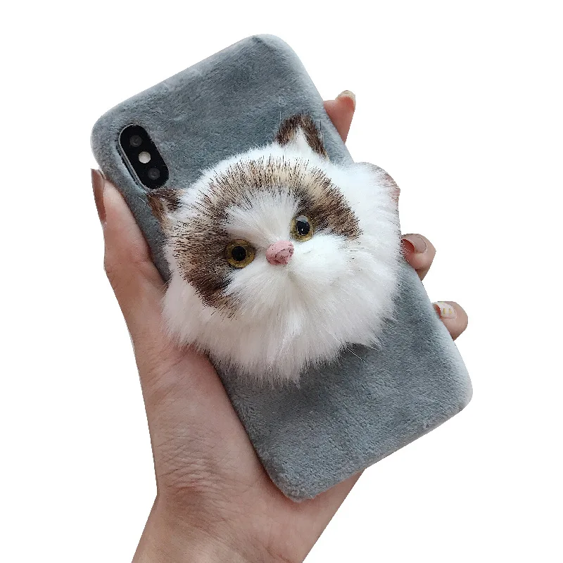 Роскошный мягкий чехол из ТПУ с меховым рисунком 3D кота для iPhone 6 6S AQ