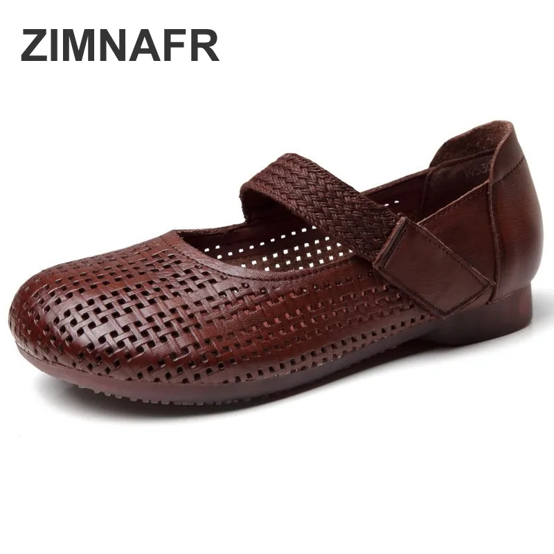 

ZIMNAFR 2020 Women Sandals Genuine Leather Round-Toe Hollow Out Breathable Closed-toe Sandals Women Summer Flat Shoes