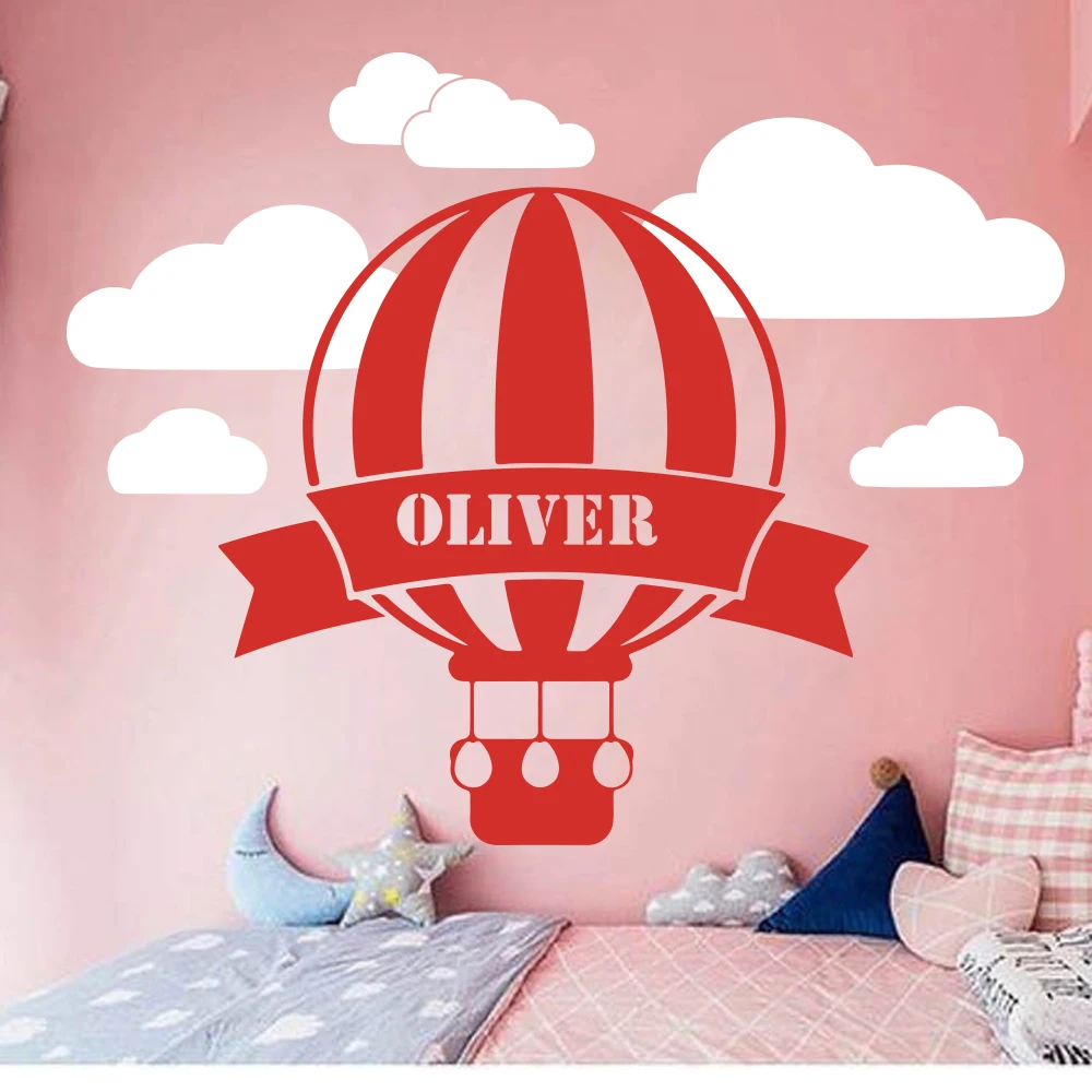 

Custom Name Hot Air Balloon Clouds Sky Wall Decal Kids Room Personalized Name Balloon Cloud Space Wall Sticker Vinyl Art LW230