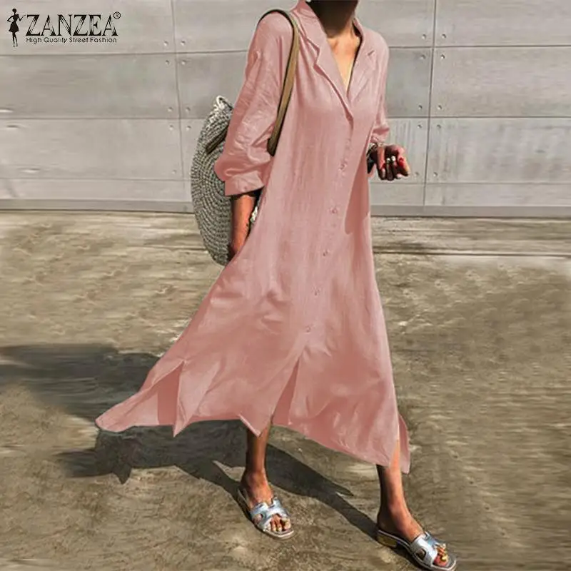 Женское Элегантное Длинное Платье-рубашка на пуговицах с v-образным вырезом; ZANZEA; осенний однотонный хлопковый льняной сарафан; Femme Robe; длинный рукав; лацканы; Vestido