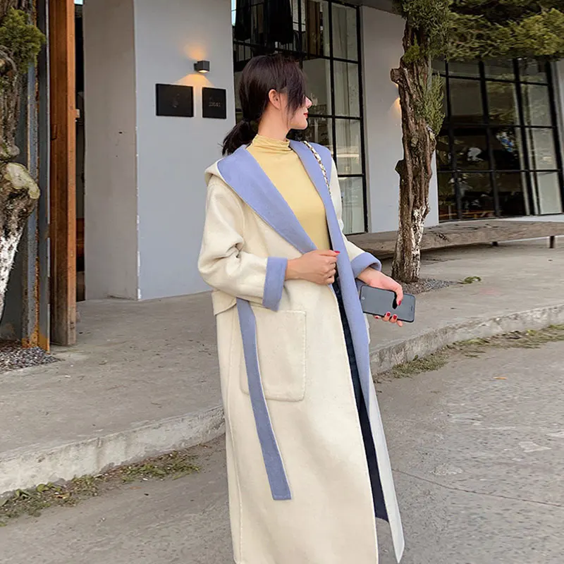 Женские зимние двухсторонние кашемировые пальто Корейская куртка средней длины с капюшоном и кружевом модное приталенное плотное пальто для женщин SS707