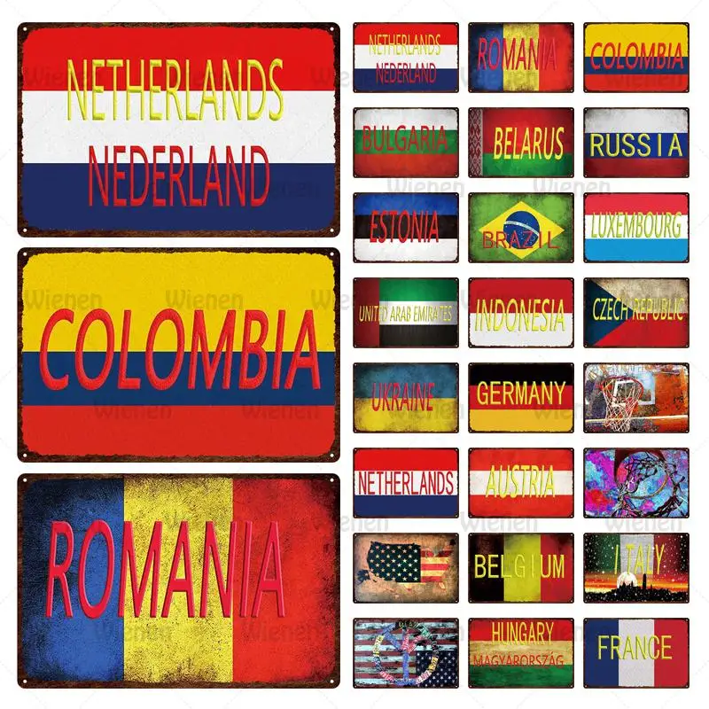 

Metal Sign Germany France National Flag Metal Sign Colombia USA Retro License Plate For Wall Home Restaurant Craft Decor 20x30cm