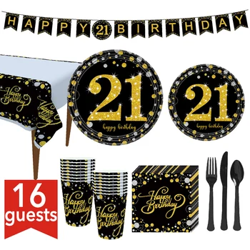 

21st Birthday Party Supplies Tableware Set Plates Cups Napkins Banner Tablecloth Fork Knife Spoon Serves 16-Person Suit