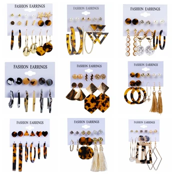 

6Pairs/Card Fashion Acrylic Leopard Print Earrings Set Trendy Drop Dangle Hoop Earrings For Women