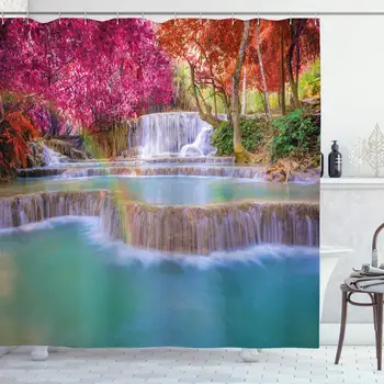 

Waterfall Shower Curtain Rain Forest in Vietnam Laos with South Pink and Orange Trees Side of River Image Cloth Bathroom Decor