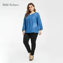 Платье большого размера в европейском и американском стиле; Mm2019 осенний стиль; ковбойские тонкие топы с v-образным вырезом и пышными рукавами