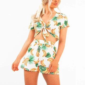 

Women Summer Suit Banana Printed V Neck Navel Strappy Tops Shorts Suit 2Pcs/set for Summer Party Vacation Beach -MX8