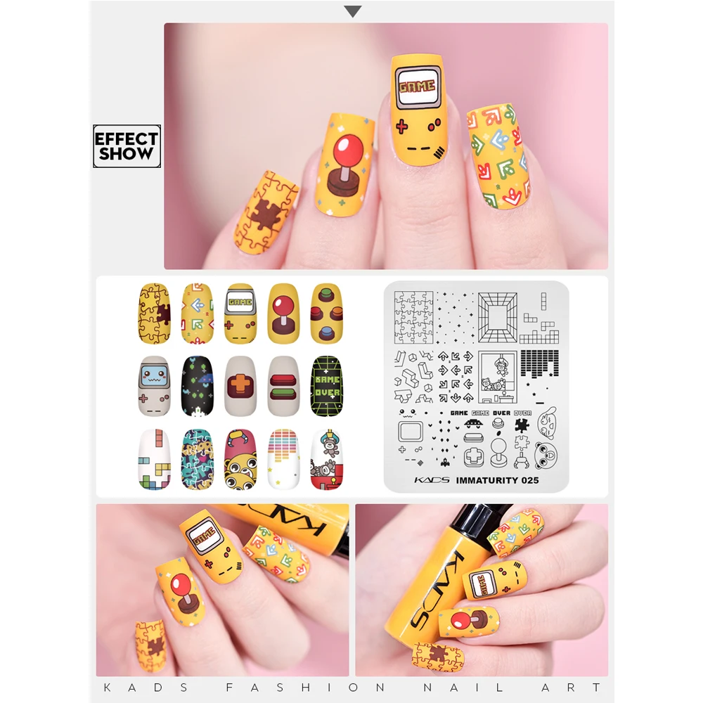 KADS-네일 아트 스탬프 플레이트, 미성도 025 네일 스탬핑 플레이트 템플릿, 귀여운 게임 버튼 이미지 플레이트 네일 아트 DIY 장식 도구