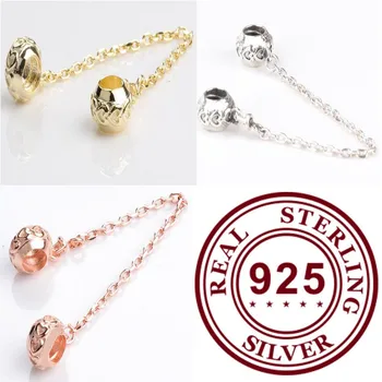 

Authentic 925 Sterling Silver Charm Clip Classic Heart Chain Safety Chain Fit Pandora Women Bracelet & Necklace Diy Jewelry