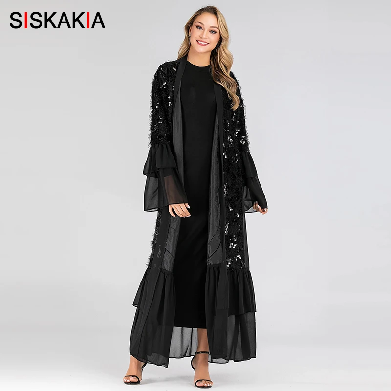 Siskakia мусульманское кимоно, роскошная плюшевая шифоновая абайя с блестками и рюшами, расклешенная рукав, Лоскутная турецкая исламская одежда