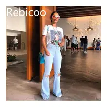 Высокая талия женские джинсы клёш Винтаж-апом, просвечивающее сексуальное отверстие джинсовые штаны Повседневное полной длины однотонные брюки