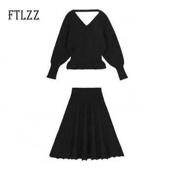 

Fashion Women Knitted Skirt Two Piece Set 2019 Autumn New Woman V-neck Pullover Batwing Sleeved Short Sweater+ A-line Skirt Out