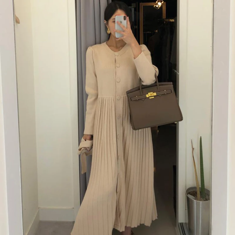 TVVOVVIN New Fashion Autumn Winter Round Collar Knit Dress Women Belt Pleated Slim Casual Solid Vestidos Female Tide B725