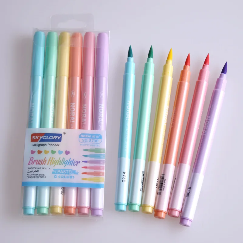 

6pcs Soft Brush Highlighter Pens Set Pastel Body Fluorescent Color Marker Pen for Drawing Painting DIY diary Lettering Art F210