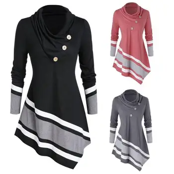 

2019 New Fashion Women Long Sleeve Buttons Decor Stripes Print Irregular Hem Plus Size Shirt Women Top Ladies Clothing