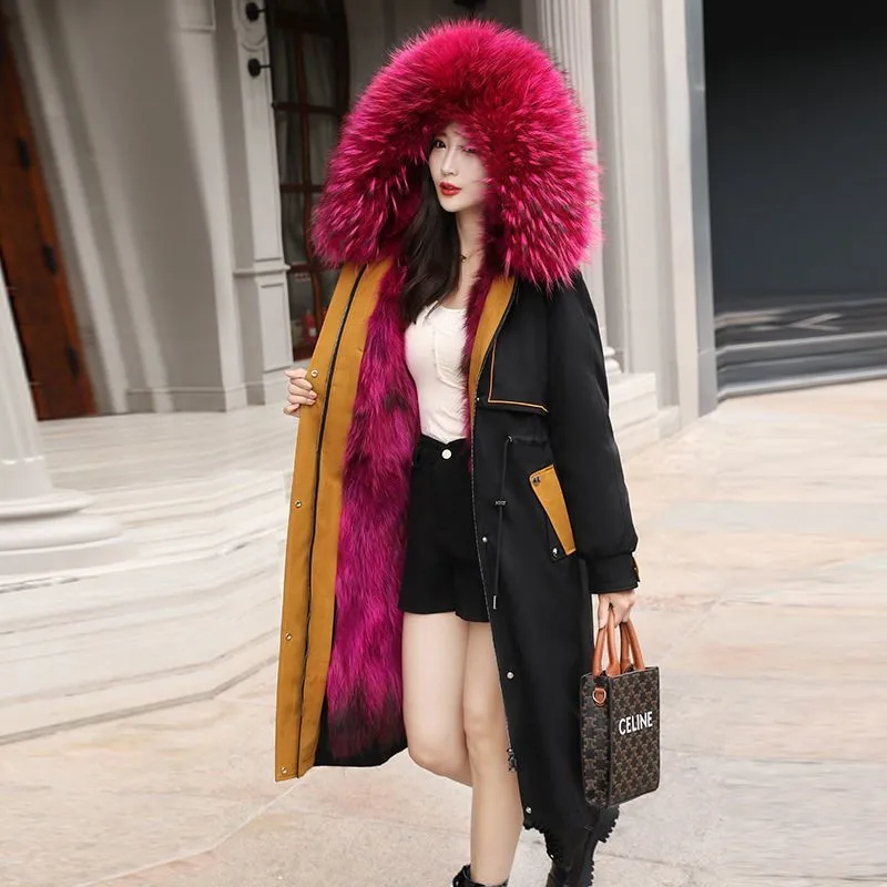 

2021 Winter New Style To Overcome Woman Raccoon Fur Collar Rex Rabbit Fur Liner Detachable Over The Knee Style Mink Fur Jacket