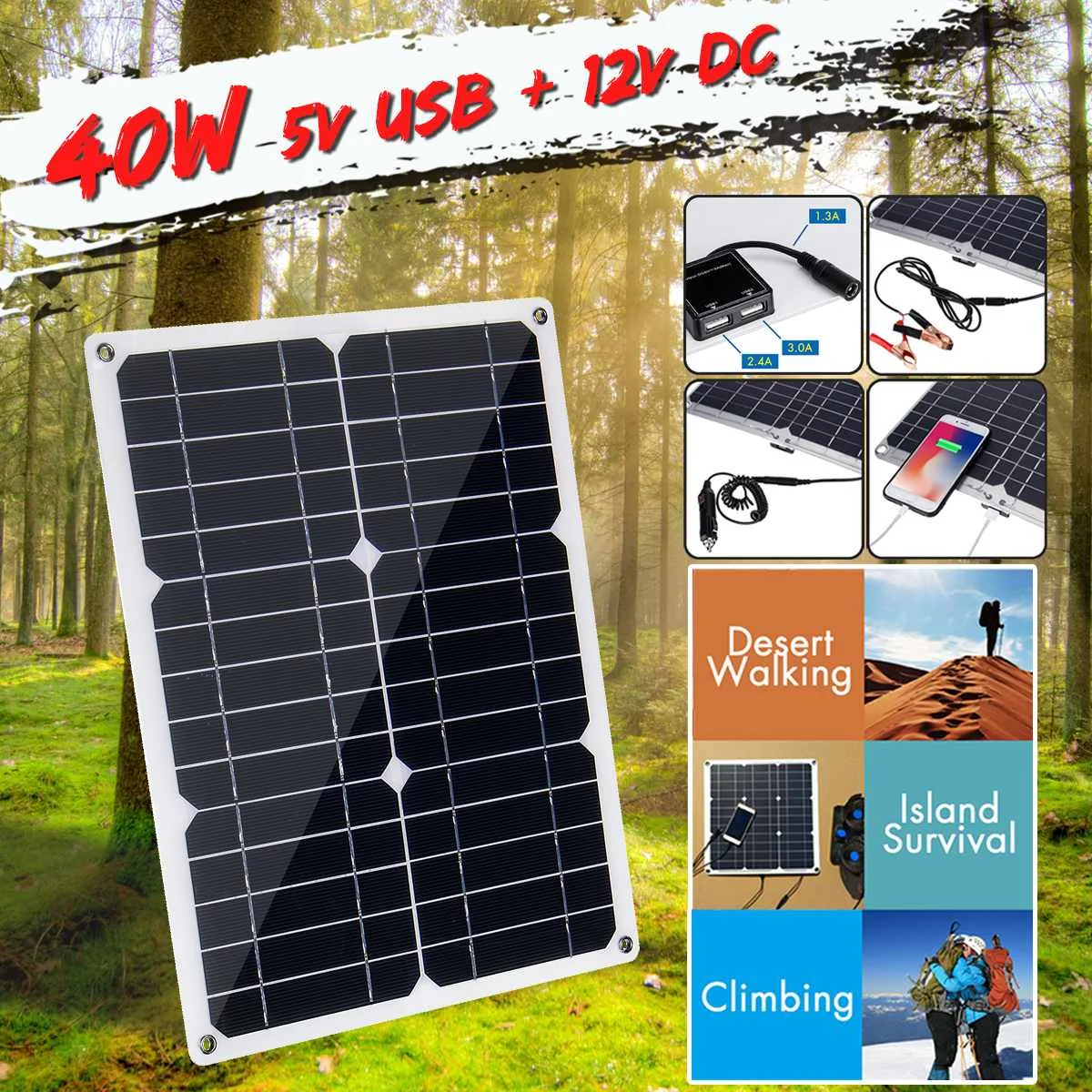 

LEORY 40W 18V Mono Solar Panel Dual 12V/5V DC USB Monocrystaline Flexible Solar Charger Cells For Car RV Boat Battery Charger
