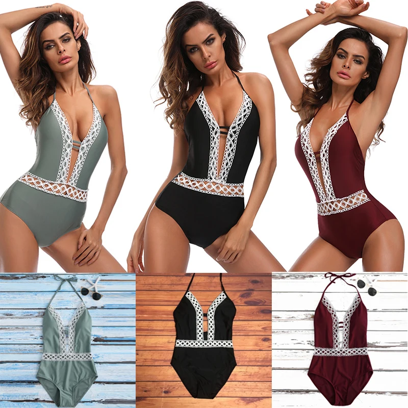 

Women Summer One Piece Bikini Bandage Halter Swimsuit Backless Swimwear Padded Push-up Bathing Suit Lace Patchwork Swimwear