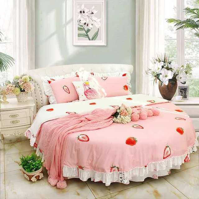 Straw Berry Ruffle Floral Round Bed Luxury Pink Bedding Sets