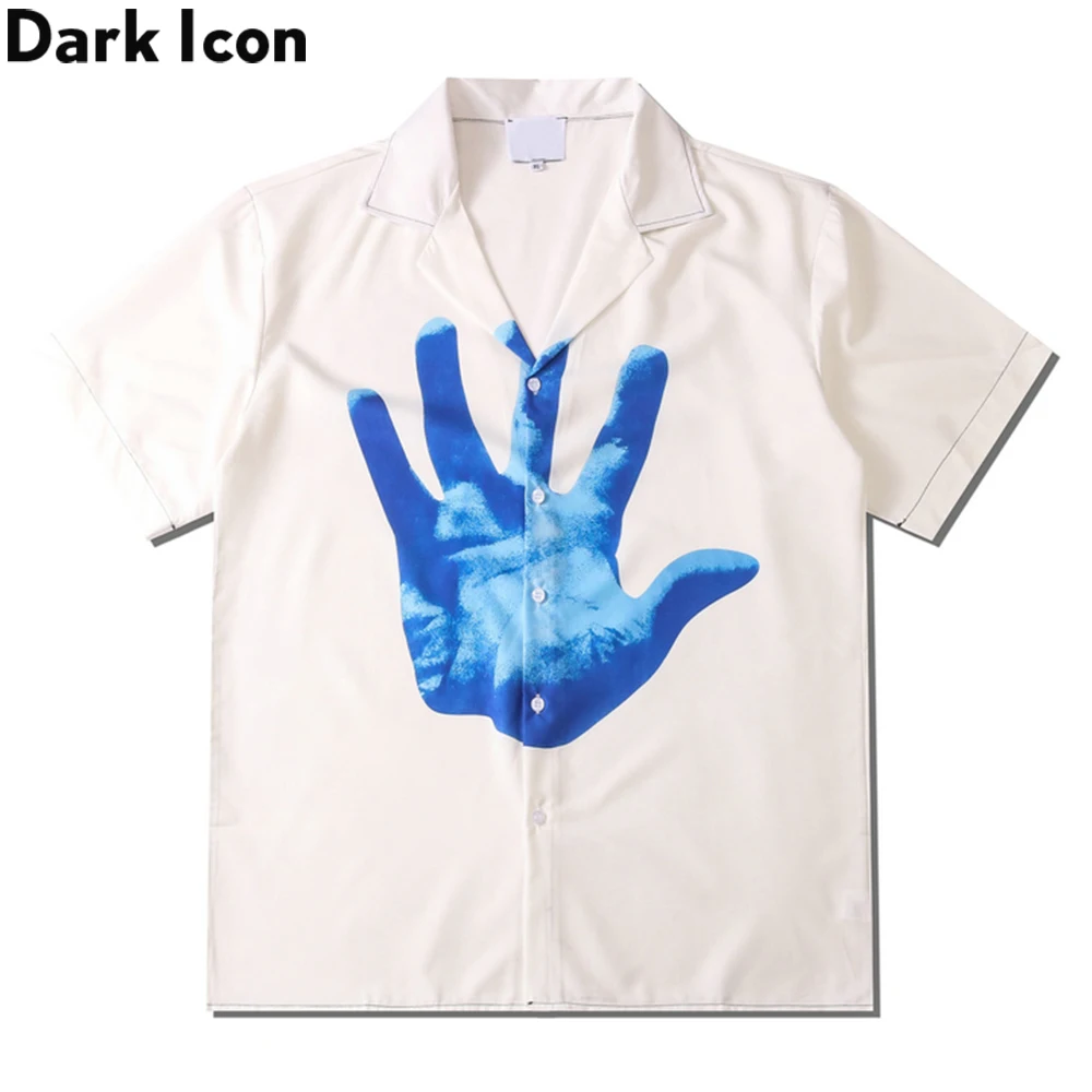 Dark Icon Hand Printed Hawaiian Shirt Men Summer White Polo Shirt Street Fashion Shirts for Man