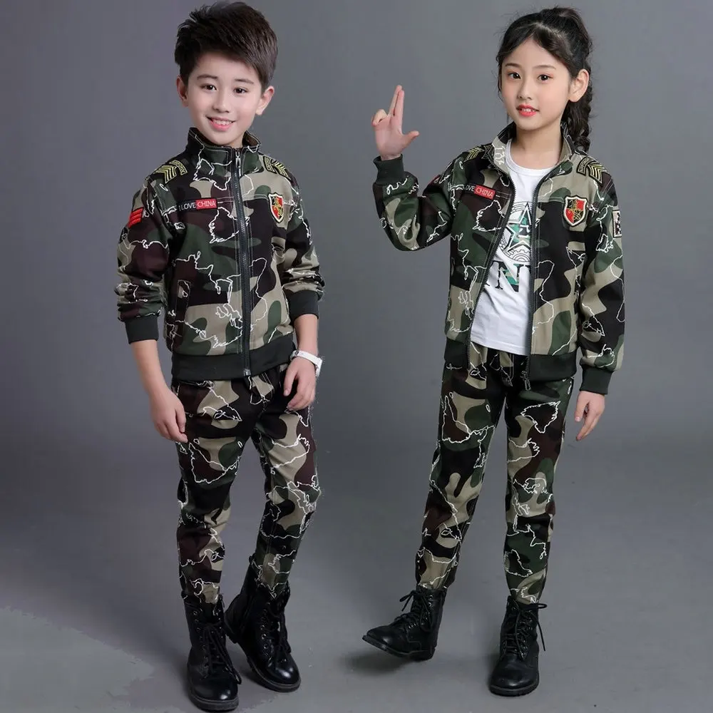 Армейская форма для студентов, комплект из 2 предметов, камуфляжный костюм для мальчиков и девочек, детская верхняя одежда и брюки, детская одежда милитари, B215