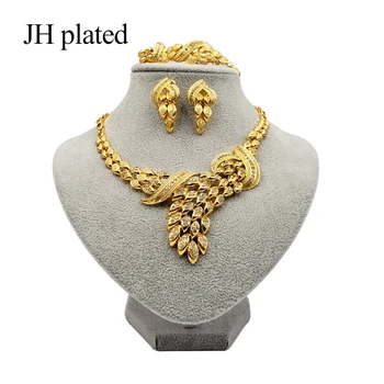 

JHplated Nigeria Dubai Fashion Gold color jewelry sets African wedding gifts party women Ornament Necklace bangles earrings ring