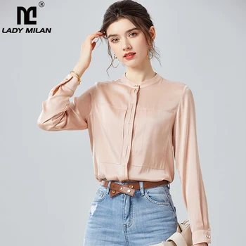 

100% Silk Women's Shirt O Neck Long Sleeves Front Pockets Fashion Office Lady Autumn Blouse Tops