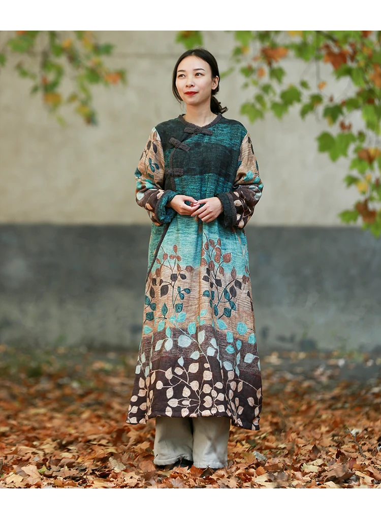 LZJN Women's Ethnic Winter Dress Vintage Chinese Style Soft Fleece Lined Warm Thicken Printed Maxi Coat Pullover with Pockets  (29)