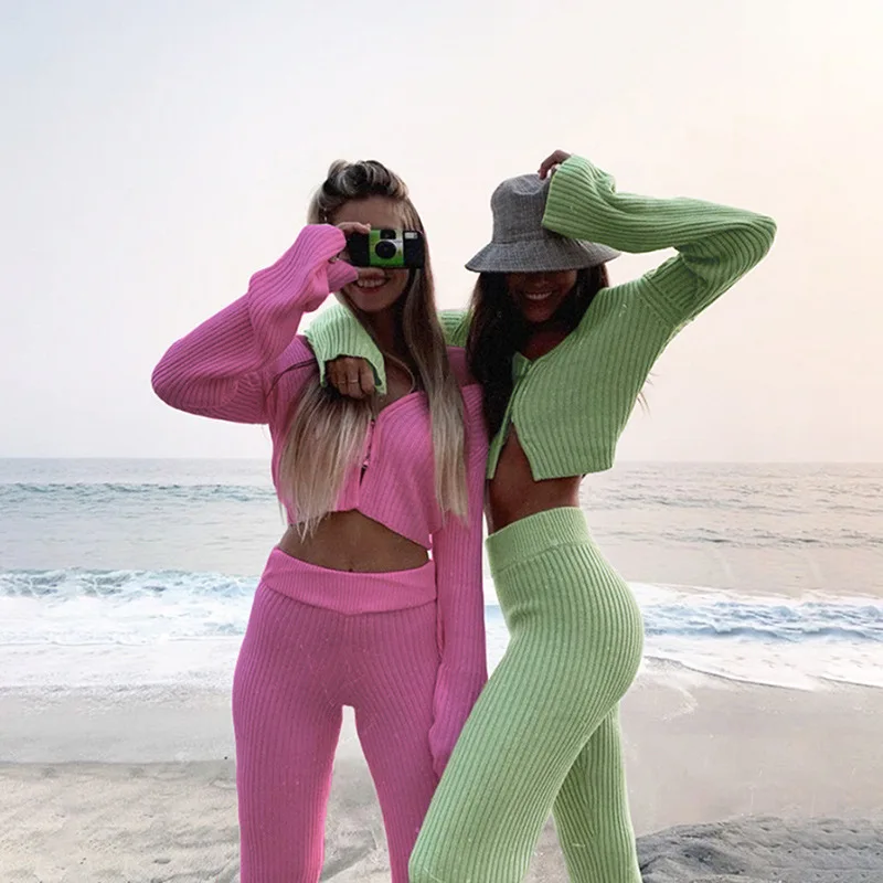 

NCLAGEN Women Double Zippers Cardigan Sweater And High Waist Knitwear Pants Casual Brief Two Pieces Set Monochrome Tracksuit