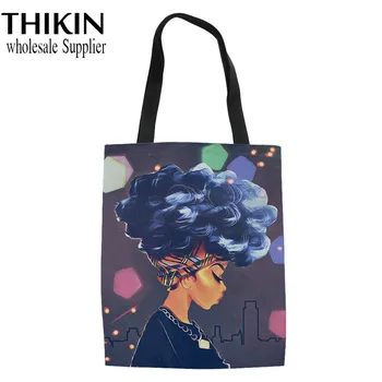 

THIKIN Ladies Black African American Girls Printing Shoulder Shopper Bags Female Canvas Tote Bag for Women Foldable Shopping Bag