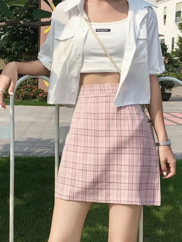 

Spring And Summer 2020 Korean Chic Small Fresh And Leisure Versatile Show Thin High Waist Plaid Skirt Women's A-line Skirt Trend