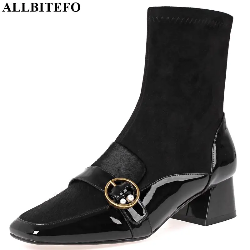 

ALLBITEFO real genuine leather+flock women boots Square toe Belt buckle ankle boots Autumn Winter comfortable fashion boots