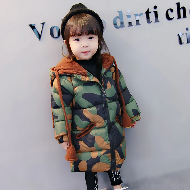 KISBINI Camouflage Winter Baby Boy Girls Parka Down Jacket Coat Cotton Long Thick Outerwear Windproof Kids Children's Jackets