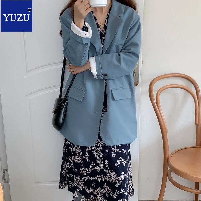 

Women Vintage Blazer Jacket Long Sleeve Blue Ladies Coat Casual Female Pockets Single-breasted Work Office Outwear Streetwear