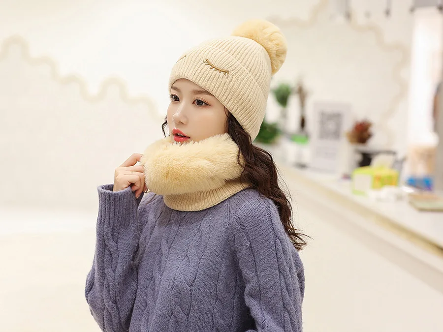 Зимняя женская вязаная шапка шарф комплект из 2 предметов Женский плюс бархат утолщение ветрозащитный мех шапки шарф набор девочек повседневные зимние шапки