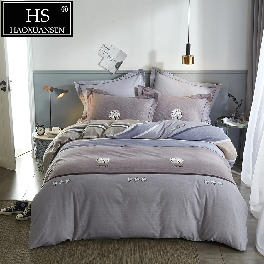 

4psc Sanding Cotton Bedding Set Grey with Broad Stripes 400TC Heavy Duvet Cover Soft Flat Sheets Set Super Warm Queen King Size