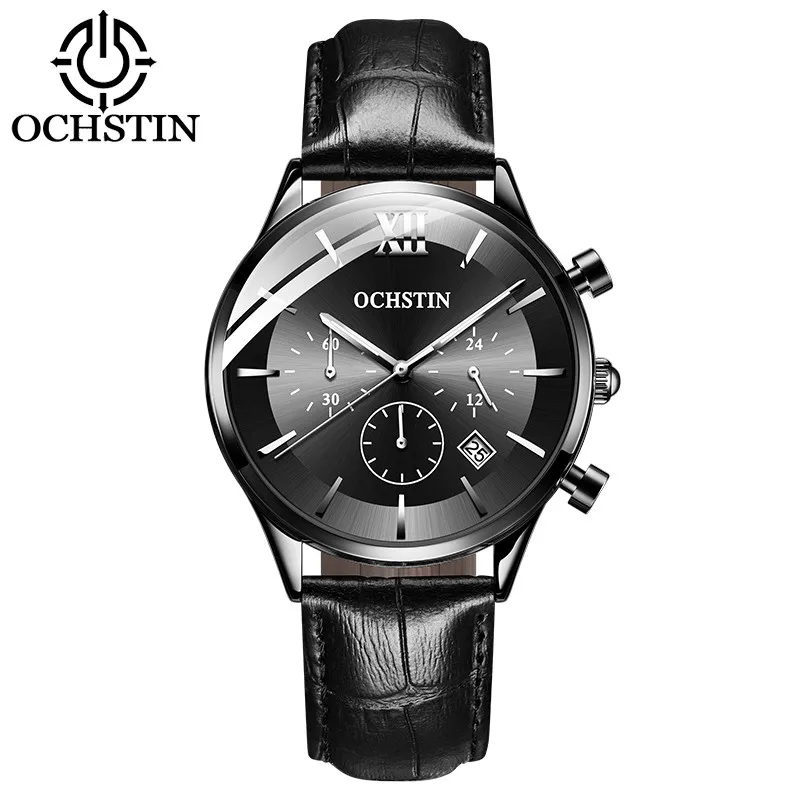 OCHSTIN Роскошные модные повседневные Брендовые Часы для мужчин водонепроницаемые спортивные кожаные спортивные кварцевые часы Relogio Masculino хронограф - Цвет: All Black