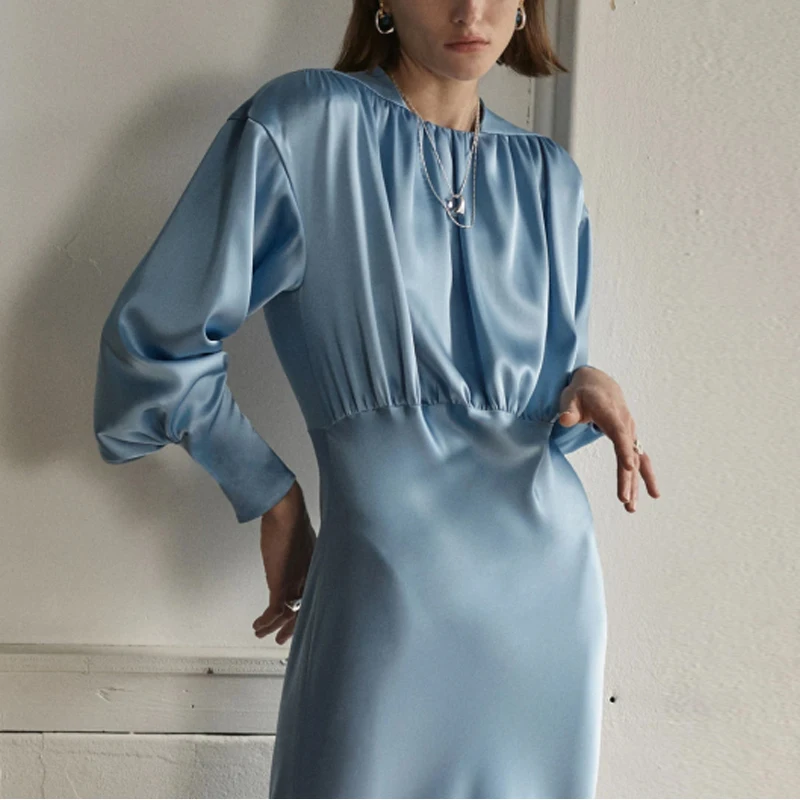 Модное ретро винтажное Элегантное синее атласное шелковое длинное платье Vestidos макси для женщин высокое качество женское платье с рукавами-фонариками